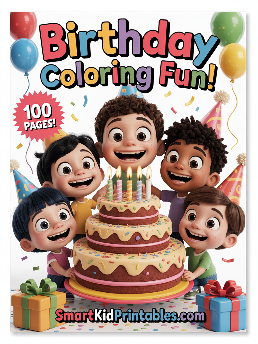 Birthday Cake Coloring Fun – 100-Page Kids Coloring Book | SmartKidPrintables.com Exclusive